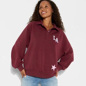 Zoe+Liv - Women's LA Button-Front Graphic Pullover Sweatshir Burgundy